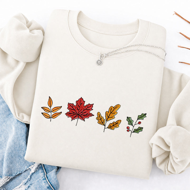 Embroidered Colorful Fall Leaves Classic Crewneck Sweatshirt