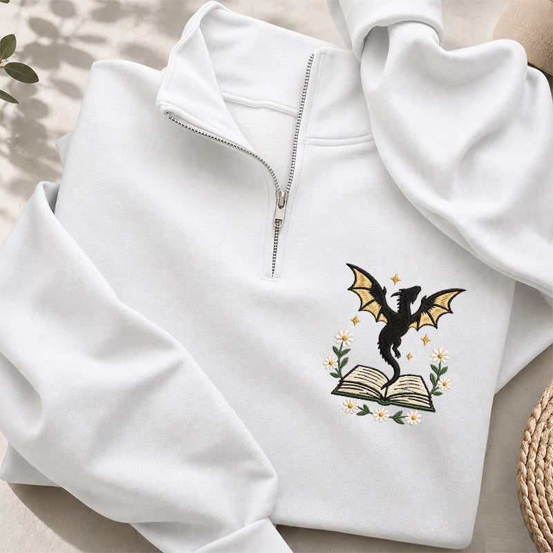 Embroidered Dragon Floral Book Classic Quarter Zip Sweatshirt