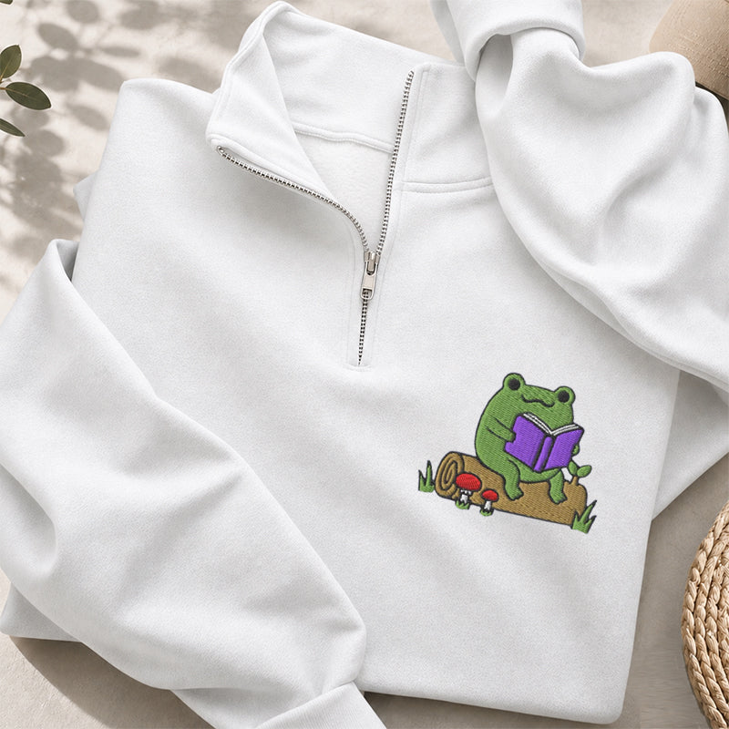 Embroidered Cute Reading Frog Classic Quarter Zip Sweatshirt