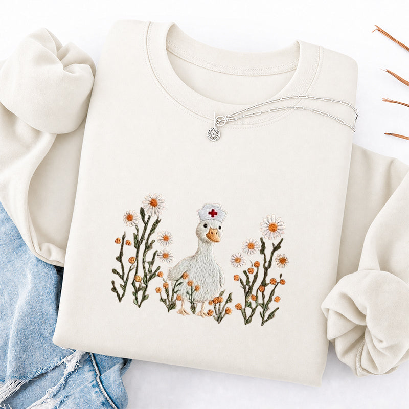 Embroidered Daisy Nurse Goose Classic Crewneck Sweatshirt