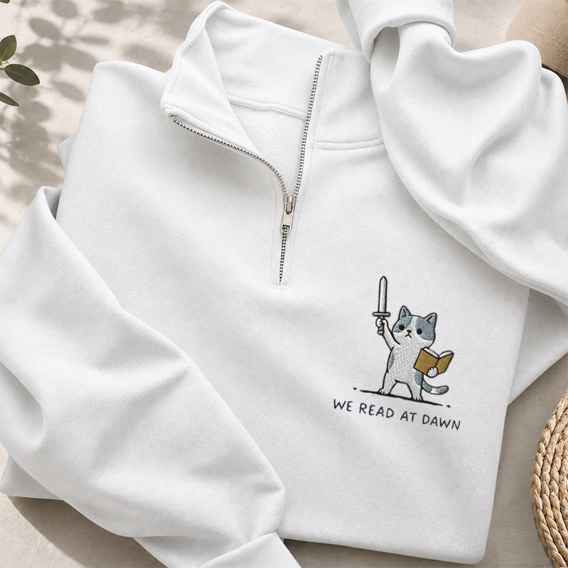 Embroidered We Read At Dawn Cat Classic Quarter Zip Sweatshirt