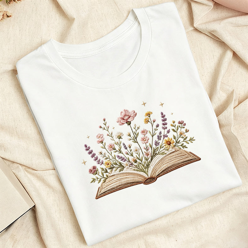 Embroidered Floral Book Classic Adult Unisex Crew Neck T-Shirt
