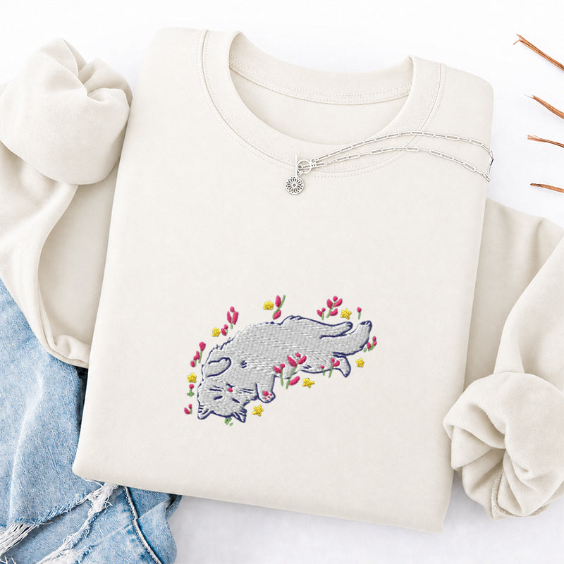 Embroidered Floral Playing Cat Classic Crewneck Sweatshirt