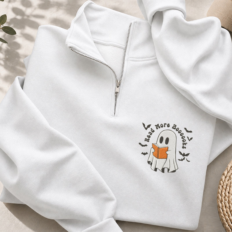 Embroidered Read More Boooooks Classic Quarter Zip Sweatshirt