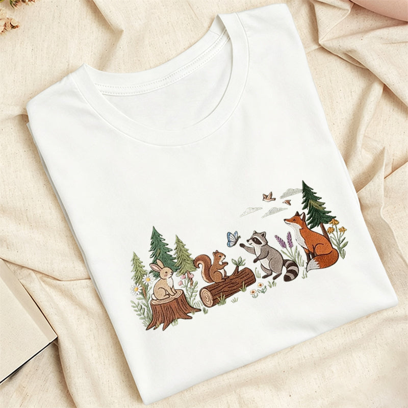 Embroidered Woodland Animals Classic Adult Unisex Crew Neck T-Shirt