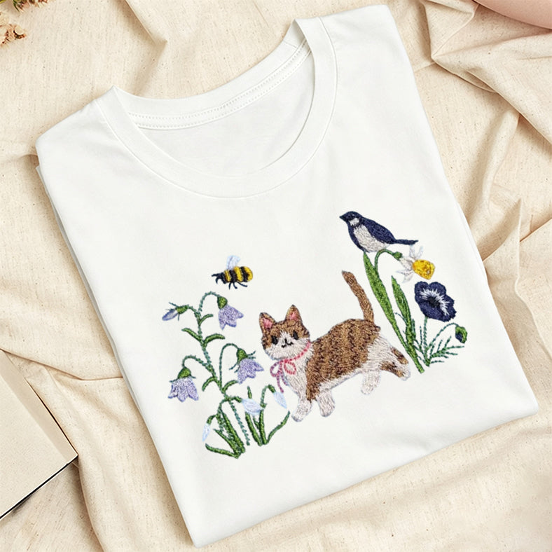 Embroidered Cat Wildflower Classic Adult Unisex Crew Neck T-Shirt