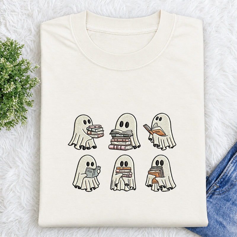 Embroidered Halloween Ghost Book Classic Crew Neck T-Shirt