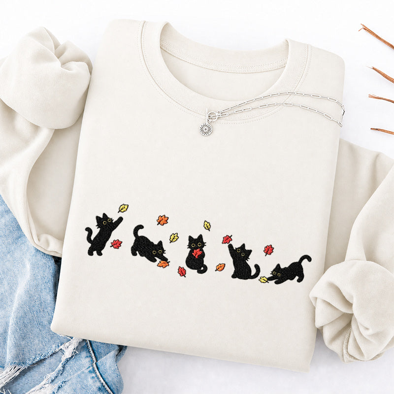 Embroidered Autumn Leaves Black Cats Classic Crewneck Sweatshirt