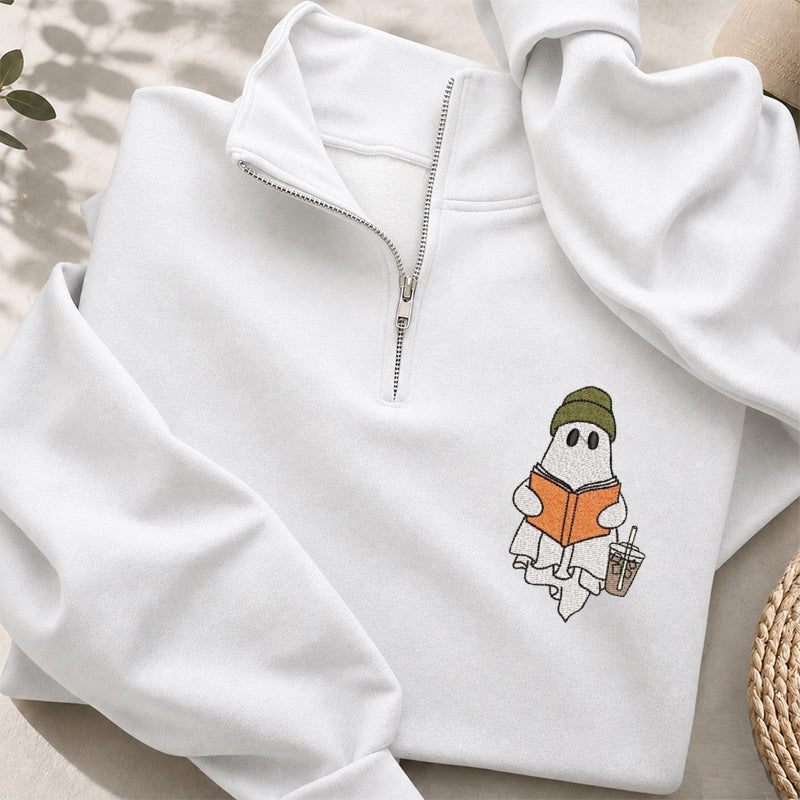 Embroidered Cute Ghost Reading Classic Quarter Zip Sweatshirt
