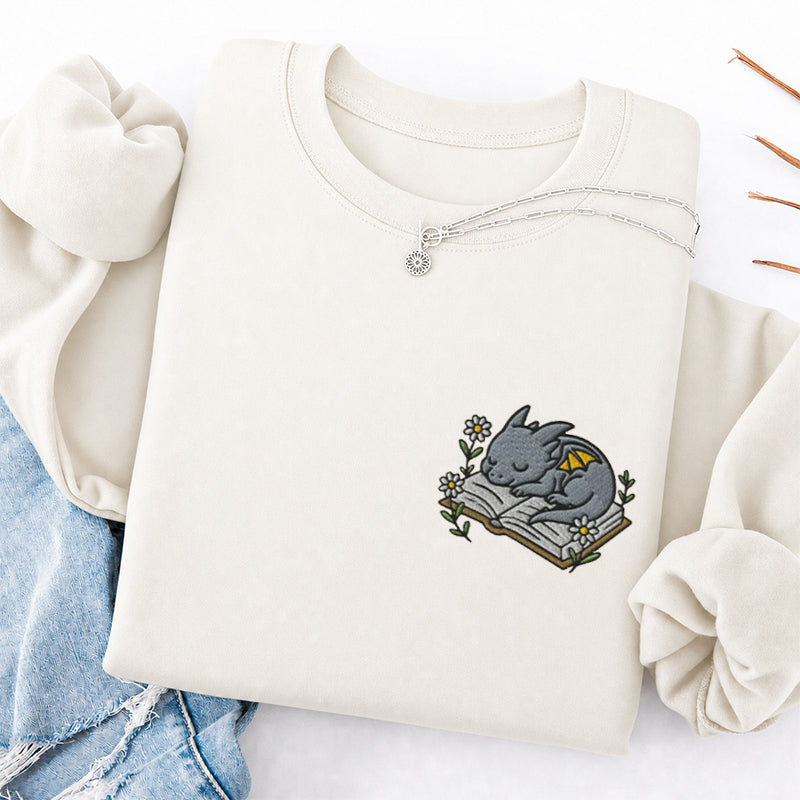 Embroidered Sleeping Dragon Book Classic Crewneck Sweatshirt