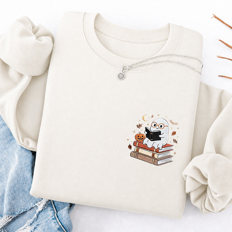 Embroidered Ghost Reading Books Classic Crewneck Sweatshirt