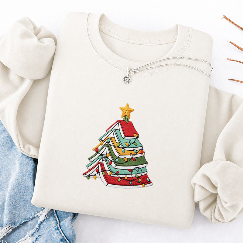 Embroidered Book Christmas Tree Classic Crewneck Sweatshirt