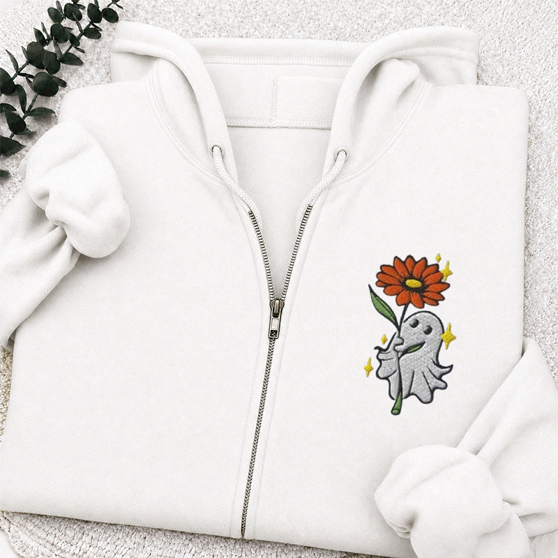 Embroidered Ghost Holding a Flower Classic Adult Unisex Full Zip Hoodie