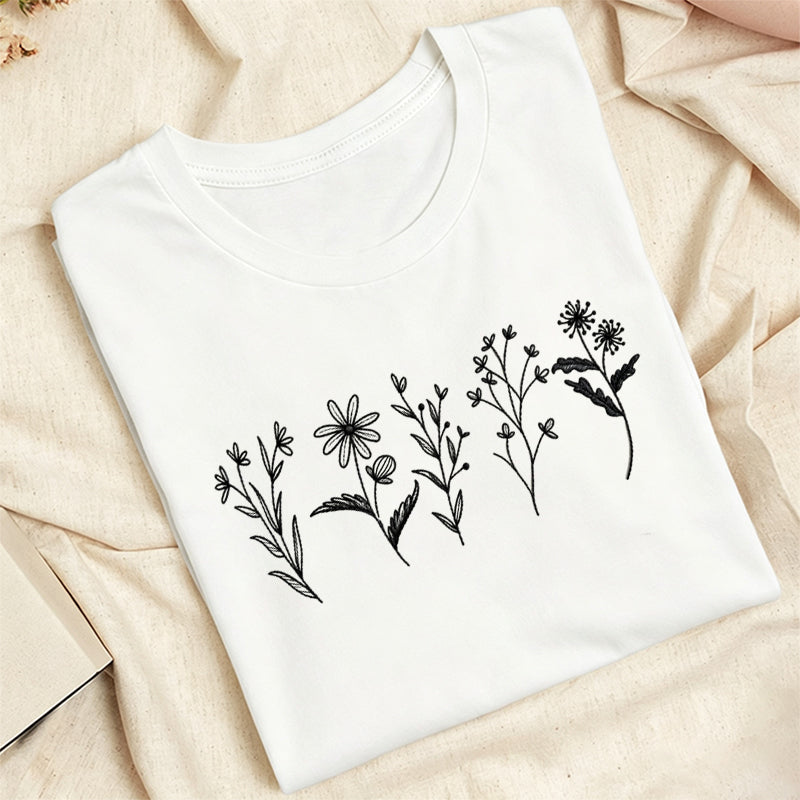 Embroidered Flower Lines Classic Adult Unisex Crew Neck T-Shirt